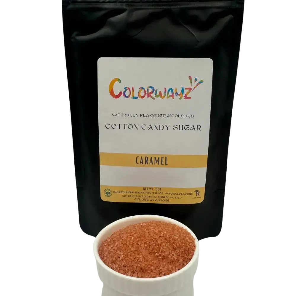 Colorwayz Caramel Cotton Candy Sugar in a black resealable bag with a bowl of caramel-flavored sugar, made with natural ingredients for vibrant and delicious cotton candy.