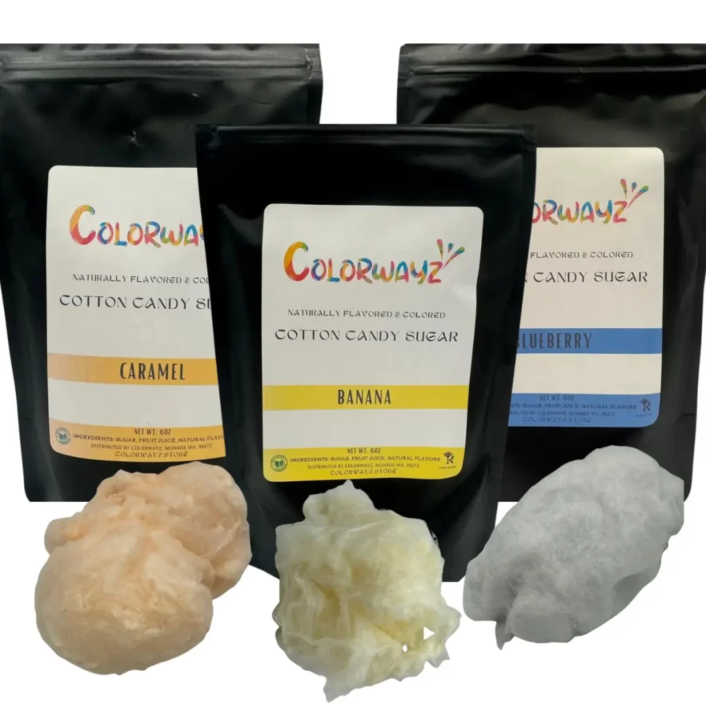 Colorwayz cotton candy sugar in caramel, banana, and blueberry flavors, featuring natural food coloring for vibrant, flavorful cotton candy without artificial dyes.