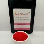 Bowl of Colorwayz watermelon cotton candy sugar with a soft pink hue, perfect for making fluffy cotton candy or candy floss.