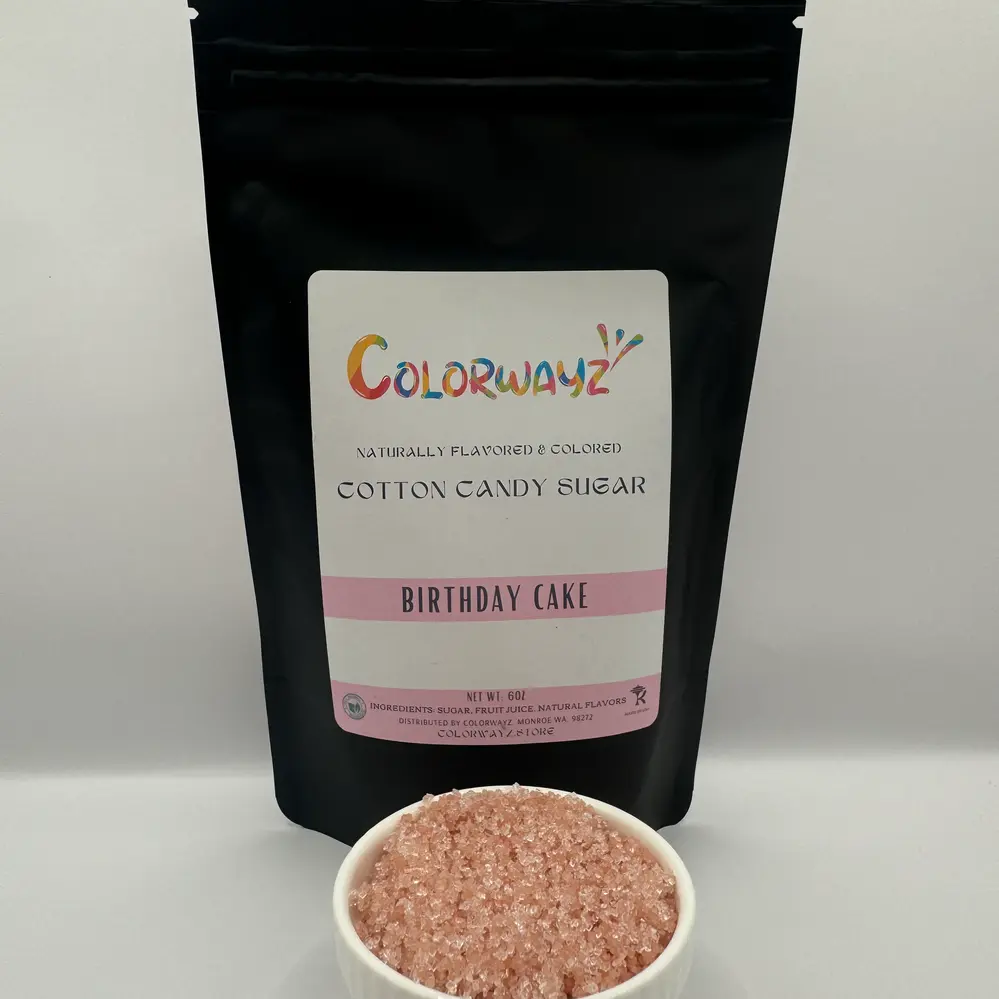 Bag of Colorwayz birthday cake cotton candy sugar displaying the a bowl of the birthday cake flavor