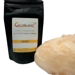 Freshly spun caramel cotton candy next to Colorwayz Caramel Cotton Candy Sugar bag, showcasing rich caramel flavor made with natural food coloring.