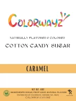 Close-up of Colorwayz Caramel Cotton Candy Sugar label, highlighting natural ingredients and vibrant caramel flavor for fluffy cotton candy.