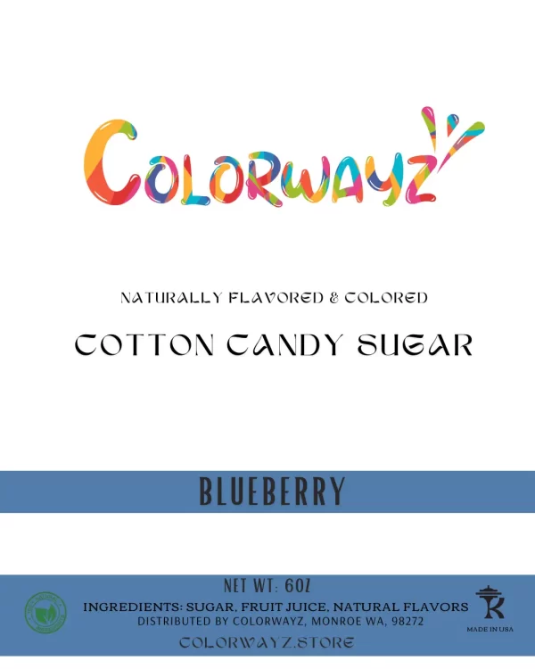 Close-up of Colorwayz Blueberry Cotton Candy Sugar label, showcasing natural ingredients and vibrant blueberry flavor for spinning candy floss and fairy floss.