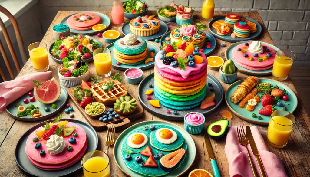 Lively brunch setup with rainbow pancakes, colorful waffles, fresh fruit, and a variety of breakfast dishes, all displayed on a rustic wooden table.