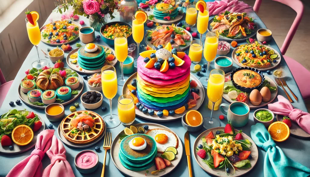 Colorful brunch spread featuring a tall stack of rainbow-colored pancakes, vibrant breakfast dishes, fresh fruit, and mimosas on a beautifully set table.