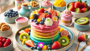 A stack of rainbow-colored pancakes topped with fresh fruit, surrounded by small bowls of fruits and toppings, creating a festive breakfast spread.